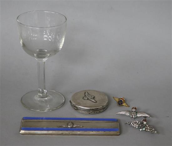 R.A.F. related silver and enamel comb, 3 wings pins, a silver compact and a liqueur glass